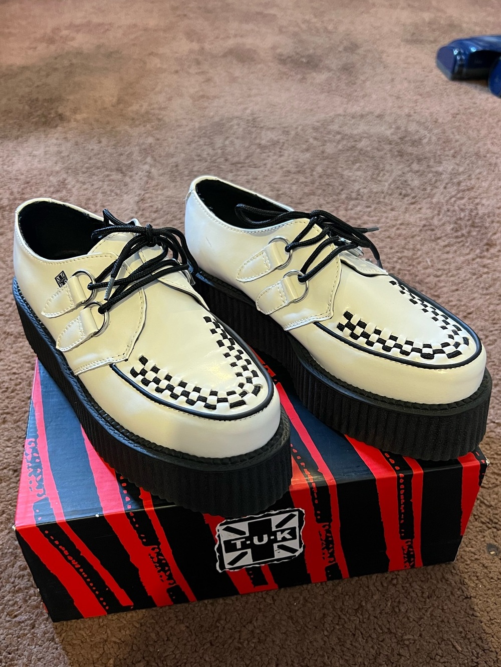 T.U.K Cream and Black Checkered Platform Creeper Oxfords